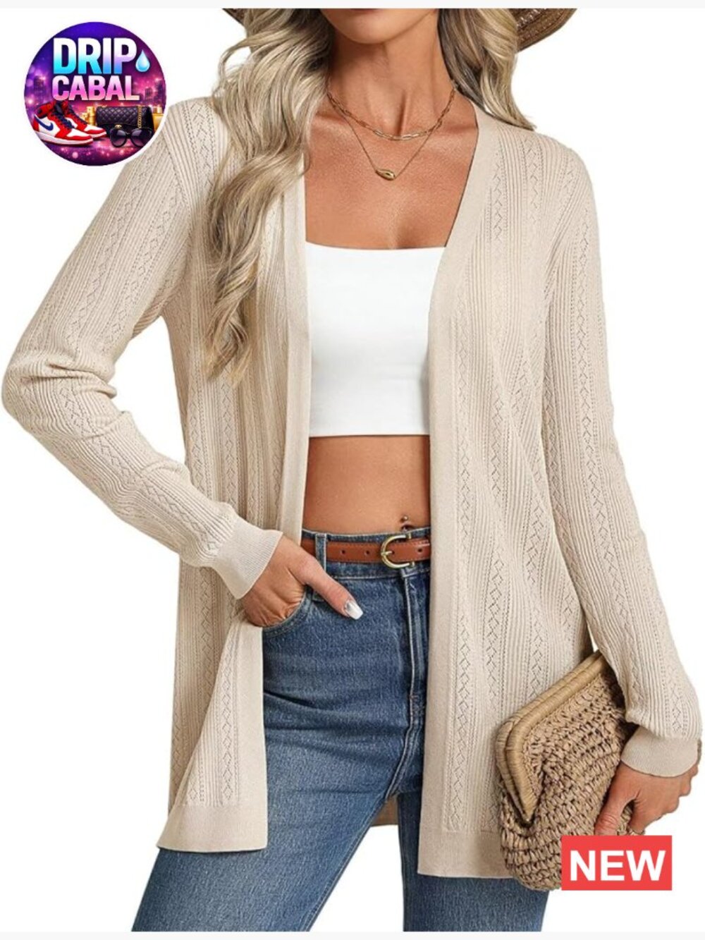 Long Sleeve Lightweight Open Front Crochet Cardigan Loose Fit V-Neck